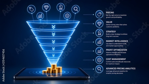 Glowing blue hologram funnel projecting onto a tablet screen with gold coins and business icons. Concept of digital marketing ROI, financial investment strategy, and e-commerce conversion.