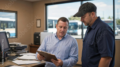 Two Men Reviewing Clipboard Documents in Fleet Office