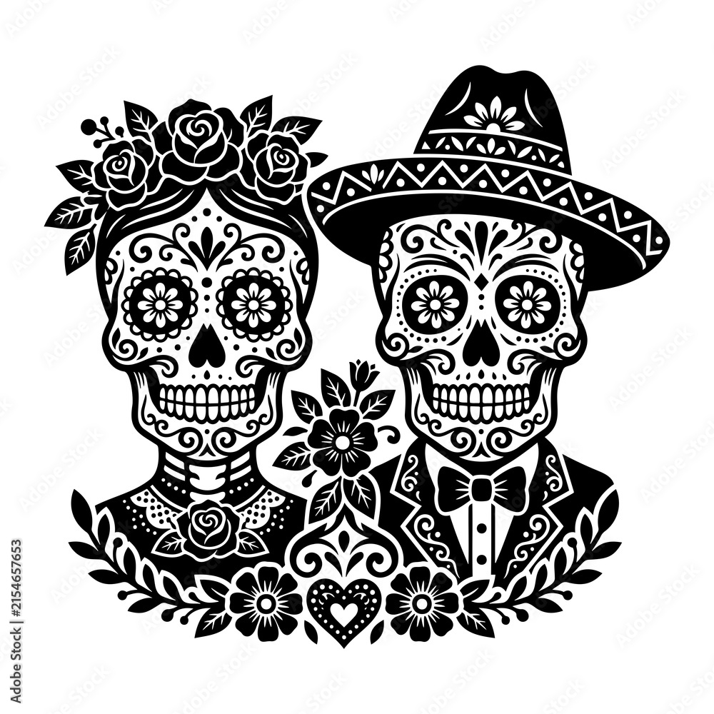 Fototapeta premium Sugar skull couple with hat and flower crown in black and white for wedding anniversary.