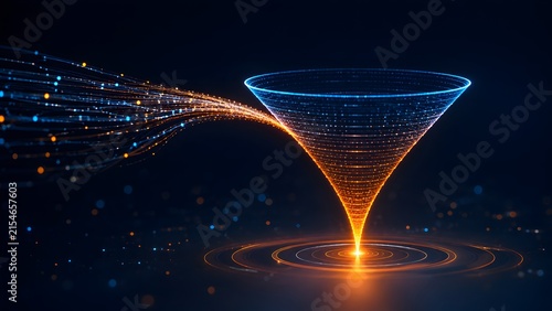 Illuminated digital funnel absorbing glowing particle streams. Concept of machine learning, big data filtering, and internet traffic analysis.