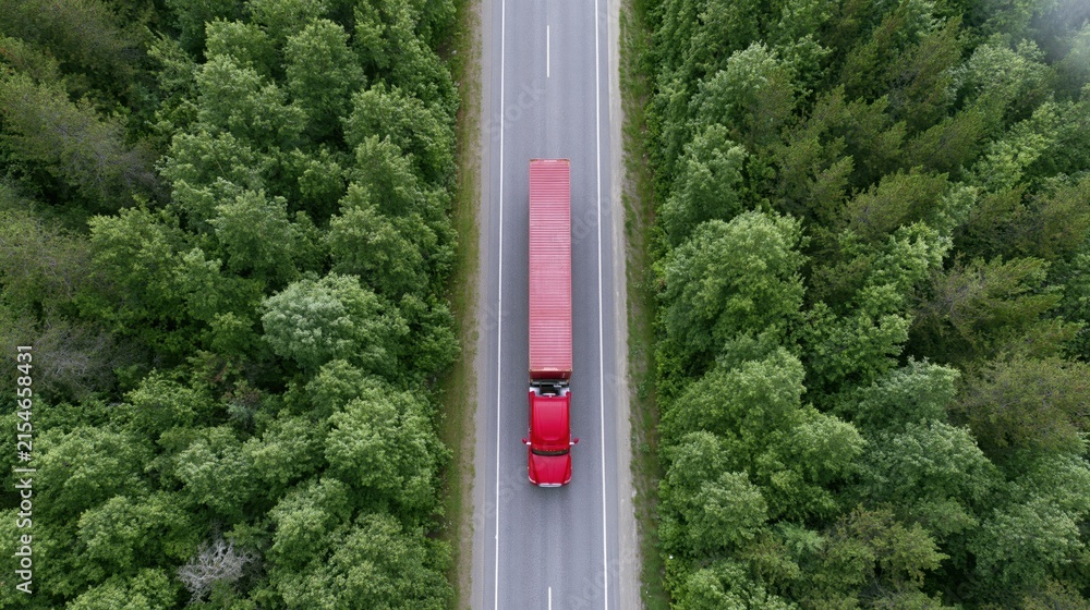 Obraz premium The Red Truck Navigating a Narrow Forest Road From an Aerial Perspective