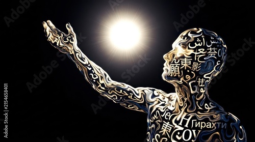 Human silhouette made of global calligraphy reaching for sun.