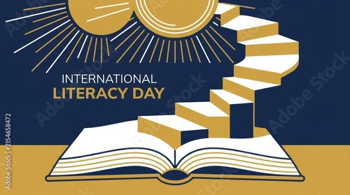 International Literacy Day graphic with book and stair steps.