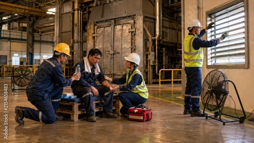 Industrial Worker Suffering Heat Exhaustion Receiving First Aid in Factory