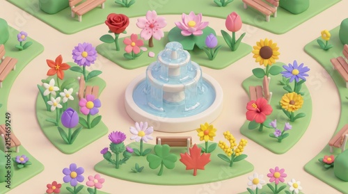 Isometric 3D park with central fountain and colorful flowerbeds.