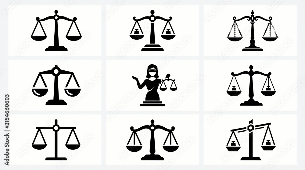 Set of black scale of justice icons representing law and legal system themes featuring various flat vector designs isolated on a clean white background surface