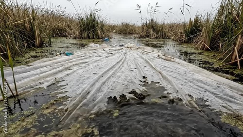 Toxic white foam covering surface of swamp water.