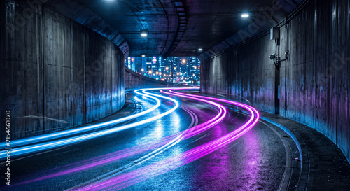 Curving road inside a concrete tunnel long exposure photograph with neon lights