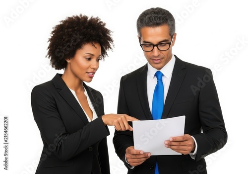 Professional couple reviewing documents together isolated on white background