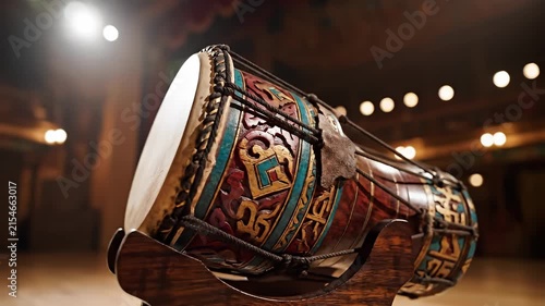 Traditional ceremonial drum on stage under warm lighting.