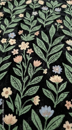 A dense pattern of stylized foliage featuring varied leaves and small blossoms, creating an elegant natural textile design, perfect for bohemian or vintage decor applications