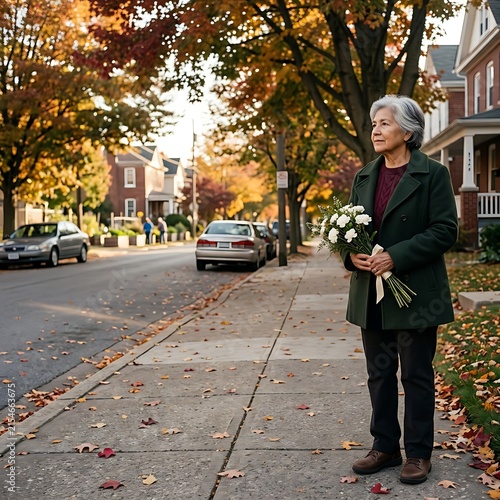 Senior Woman Holding Flowers on Autumn Sidewalk for Veterans Day
