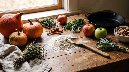 Autumn Harvest Ingredients on Rustic Wooden Table by Window Light