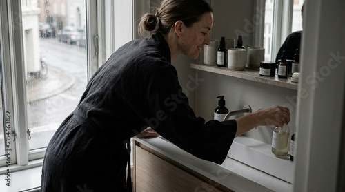 A professional woman working at a modern counter workspace, focused attention on tasks, suggesting preparation or crafting, perfect for business or lifestyle content