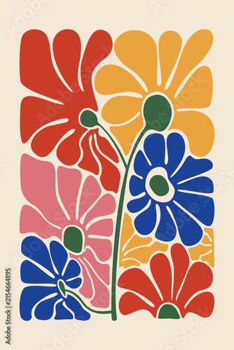 Abstract groovy floral poster set with colorful botanical flowers