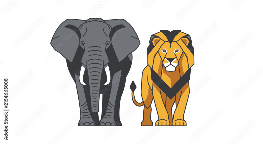 Obraz premium African Elephant and Lion Vector Illustration Isolated on White Background Wild Animals Geometric Flat Design