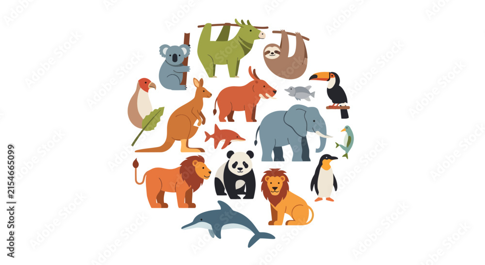 Fototapeta premium Global Animals Biodiversity Circle Vector Illustration Elephant Lion Panda Kangaroo Sloth Dolphin Isolated on White