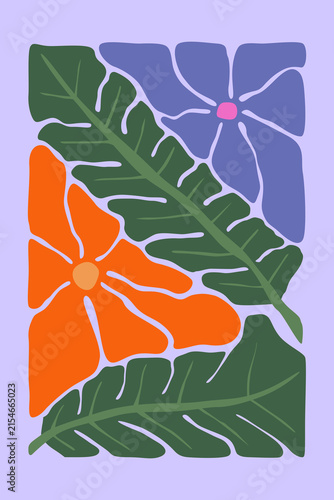 Abstract groovy floral poster set with colorful botanical flowers