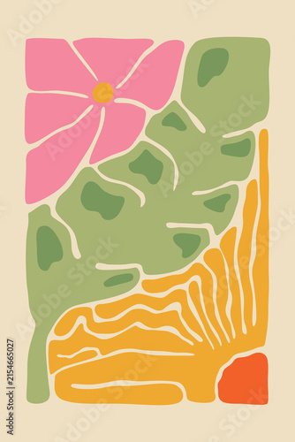 Abstract groovy floral poster set with colorful botanical flowers
