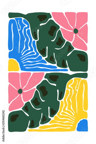 Abstract groovy floral poster set with colorful botanical flowers