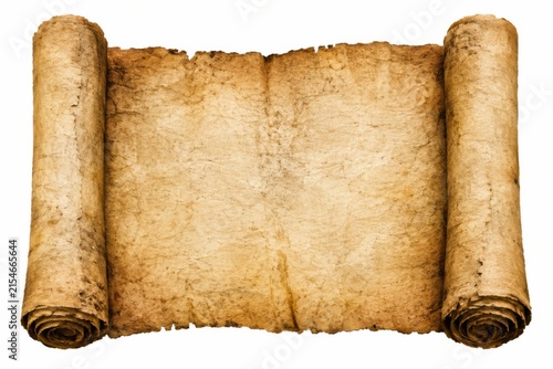 Ancient blank scroll of parchment paper with rolled edges on white background for design.