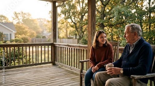 Senior veteran sharing stories with granddaughter on home porch