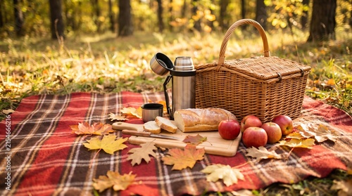 Cozy Autumn Picnic with Basket, Bread, and Apples in Park