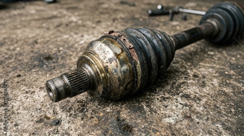 A close up view of a worn out automotive constant velocity axle shaft removed from a car for repair