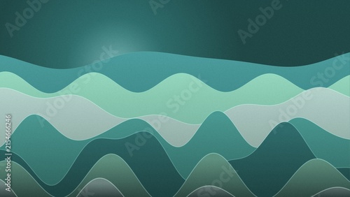 Abstract green landscape with layered wavy mountains and a soft glowing sun in the night sky