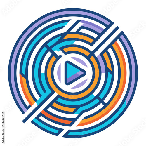 Colorful circular maze with a central play button.