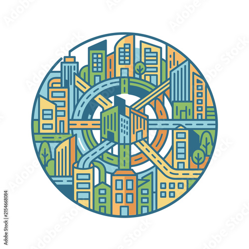 Colorful circular urban landscape with interconnected city buildings.