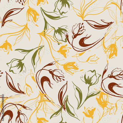 Abstract floral vector seamless pattern featuring hand-drawn sketchy tulips and leaves in mustard yellow, olive green, and terracotta on cream.