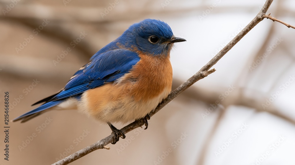 Fototapeta premium The Bluebird Perched on a Branch in Natural Woodland Light