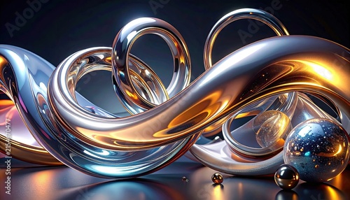 Complex silver loops and golden spheres on dark surface.