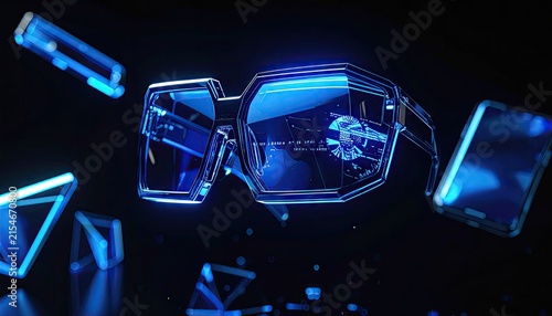 Geometric blue glasses floating with digital glass shards.