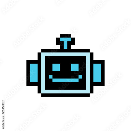 Cute Blue Pixel Art Robot Head Icon on White Background