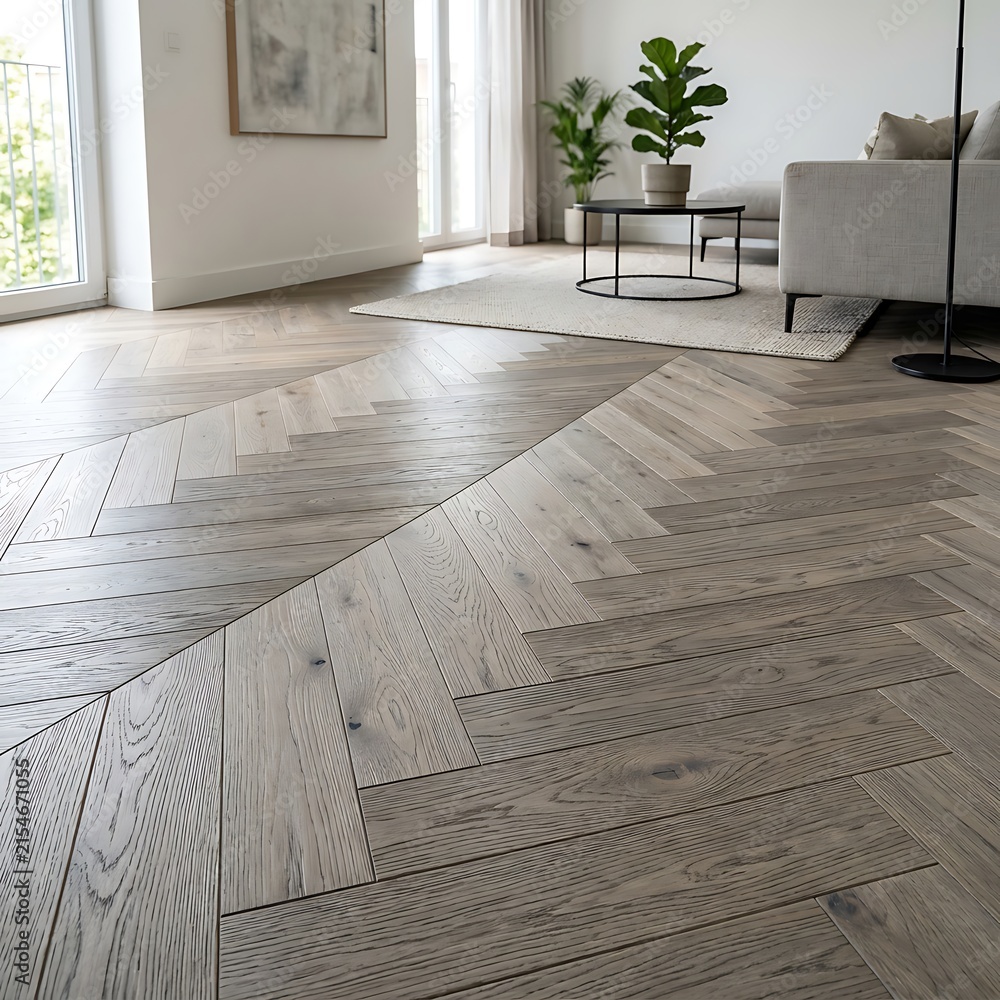Obraz premium Modern Living Room with Herringbone Wood Floor.