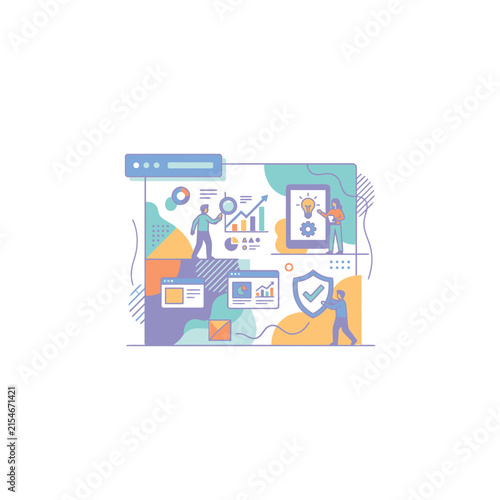 Complex infographic with data security and analysis icons.