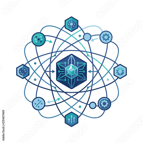 Complex scientific technology and data atom diagram.