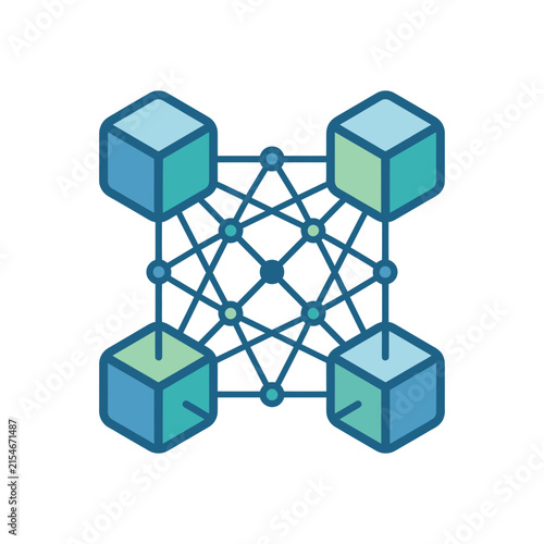 Complex web of nodes connecting four corner cubes.