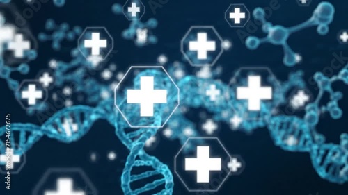 Digital medical cross and dna helix abstract background for healthcare innovation