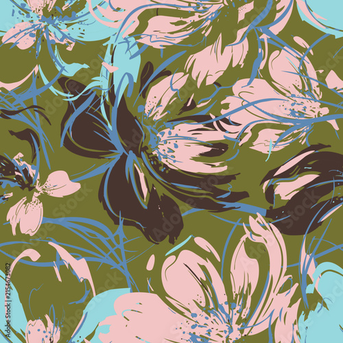 Abstract hand painted floral brush stroke seamless pattern on olive green background. Artistic botanical print for fashion textiles, wallpaper and decor