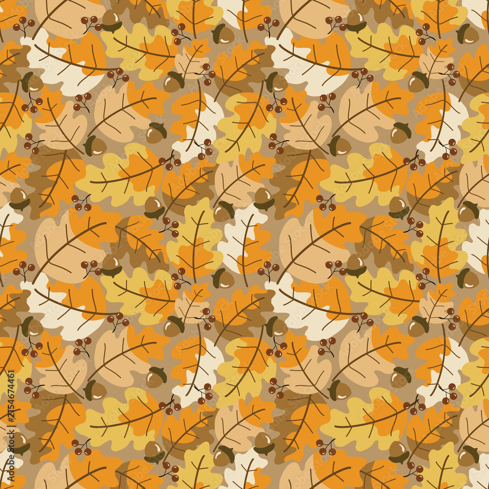 autumn leaves background. Elegant autumn seamless pattern filled with overlapping golden oak leaves and berries for seasonal design.