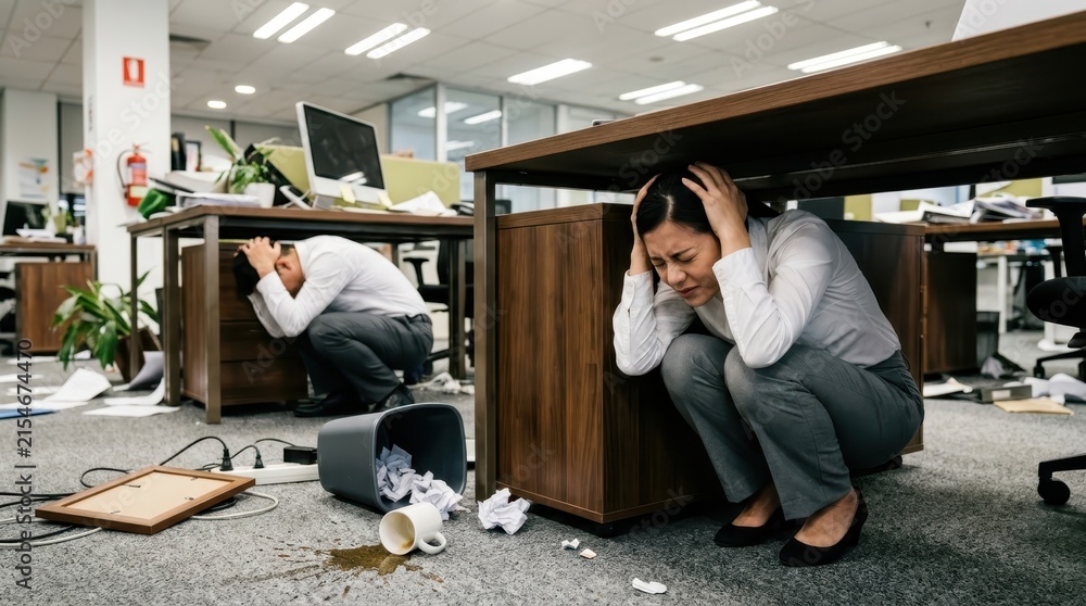 Fototapeta premium Office Workers Hiding Under Desks During Earthquake Drill or Natural Disaster Emergency in Modern Workplace