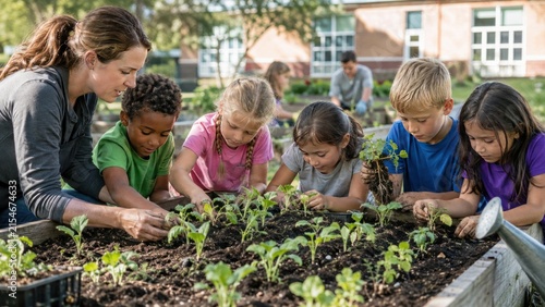Teacher and children plant seedlings in school garden, sustainability education and environmental learning concept