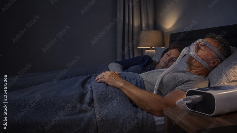 Obraz premium Man sleeps with CPAP mask beside partner at night, sleep apnea treatment and respiratory healthcare concept