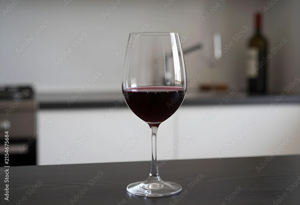 Fototapeta premium Glass of red wine on a dark kitchen counter with a blurred background, elegant beverage for celebration and relaxation