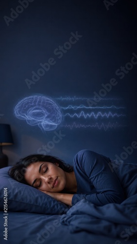 Sleeping woman with glowing brain wave visualization, sleep cycle and neuroscience research concept
