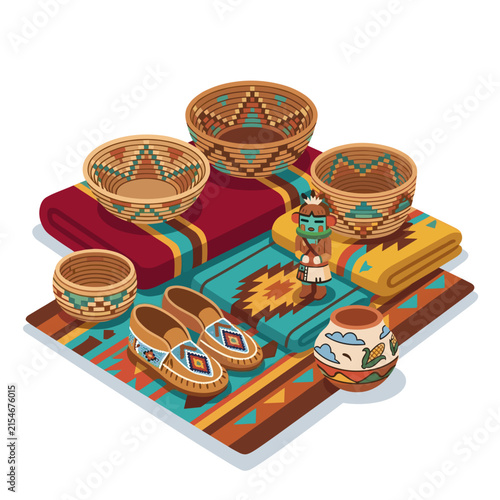 Native American crafts on colorful blankets and woven baskets  