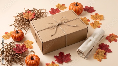 Autumn Gift Box with Fall Leaves and Pumpkins Flat Lay